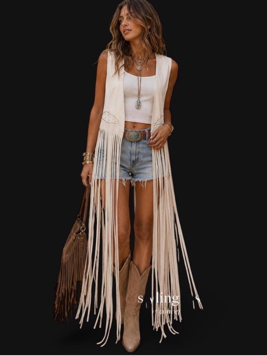Tops - Never worn Vest-Fringed Studded Suede-like Vest in Light Beige